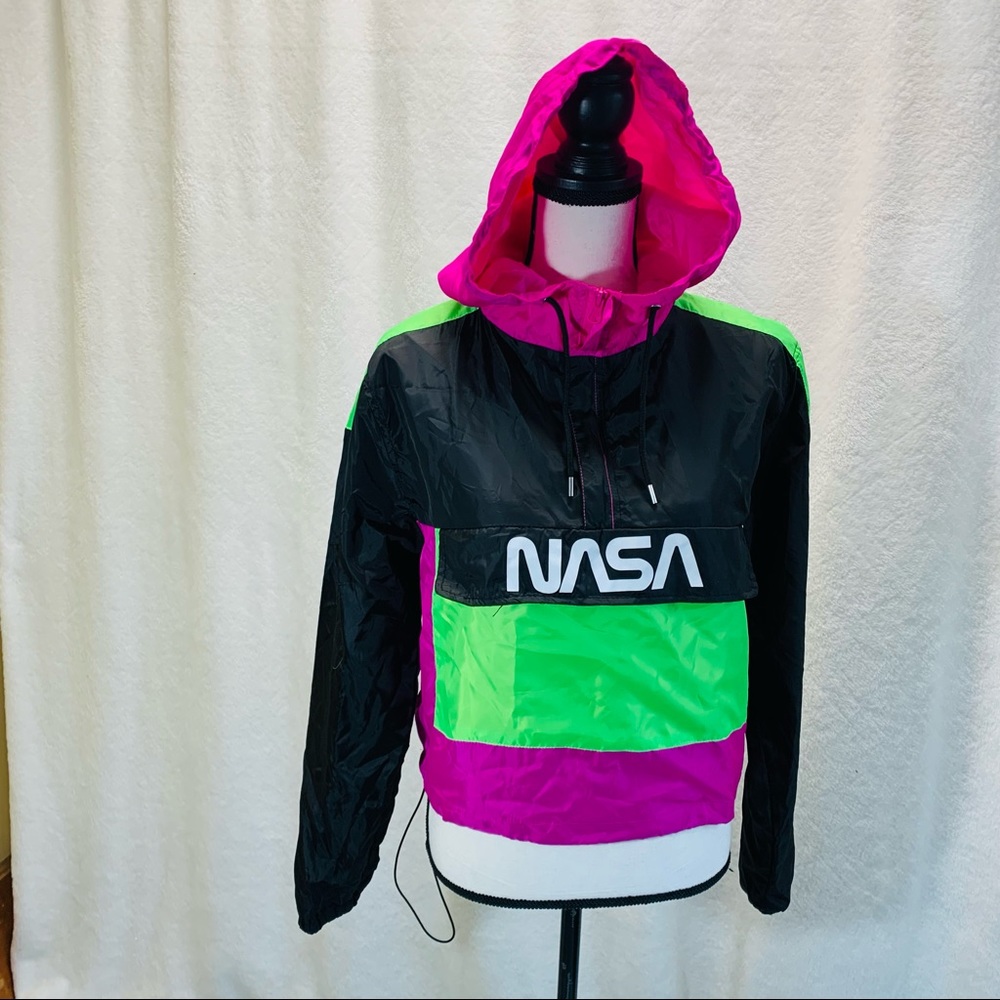 Chemistry Woman’s Size Medium NASA Windbreaker Jacket Neon Pink Green